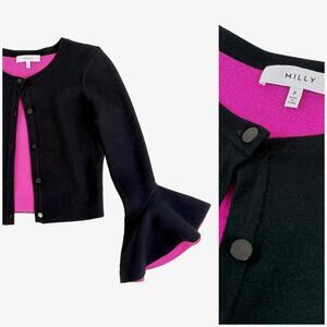 MILLY Cardigan Sweater Womens XS Black Pink Tulip Sleeve Ruffle Classic Dressy